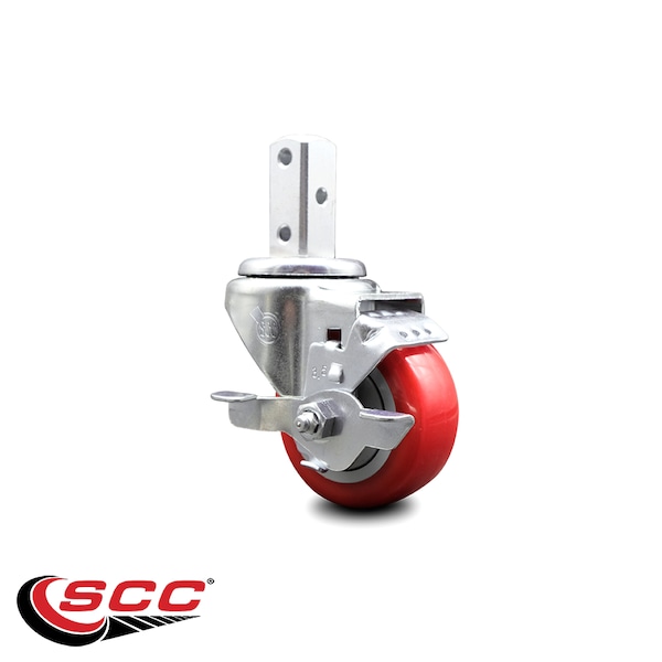 3.5 Inch Red Polyurethane Wheel Swivel 7/8 Inch Square Stem Caster With Brake